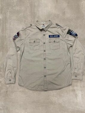 Superdry S.DRY Army Patch Button Up Shirt Tan Military Style Size Large